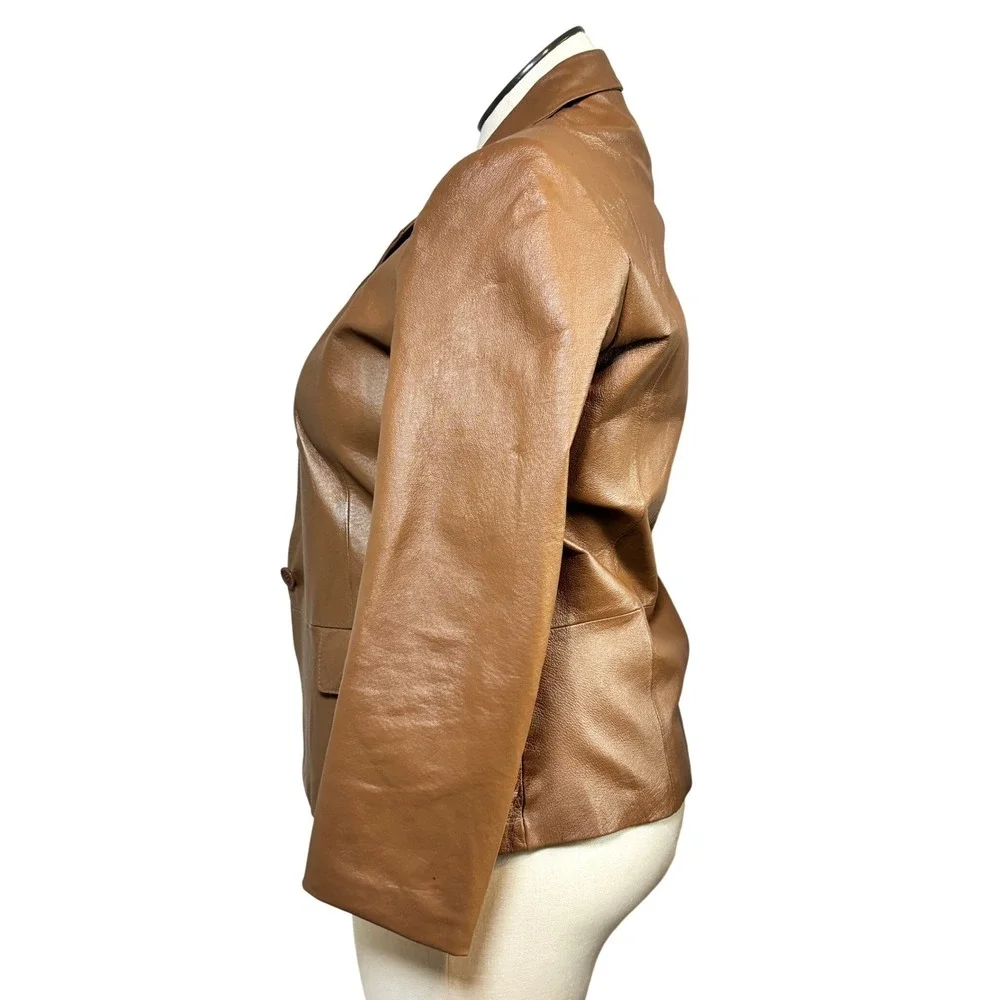 Chadwicks Womens 10P Cognac Brown Leather 2-Button Blazer Jacket